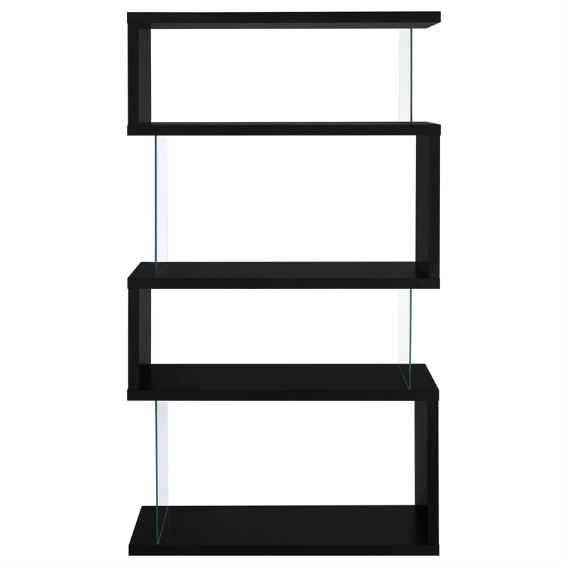 Pemberly Row Set of 2 4-Shelf Asymmecal Snaking Wood Bookcases in Black