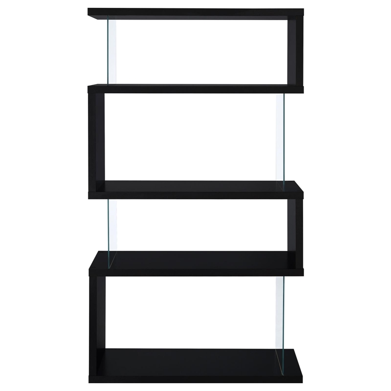 Pemberly Row Set of 2 4-Shelf Asymmecal Snaking Wood Bookcases in Black