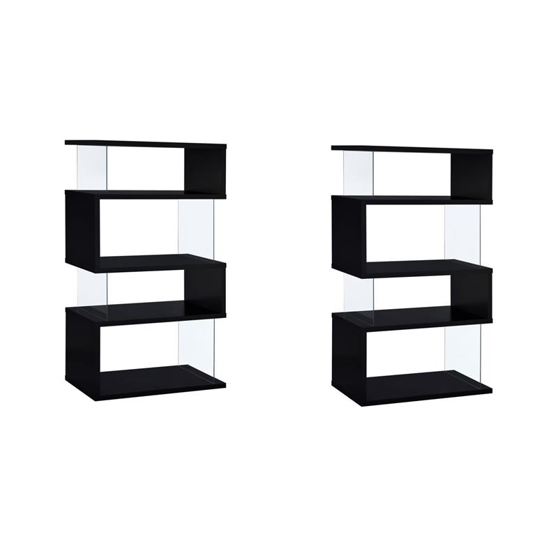 Pemberly Row Set of 2 4-Shelf Asymmecal Snaking Wood Bookcases in Black