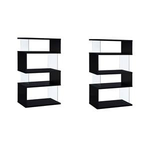 Pemberly Row Set of 2 4-Shelf Asymmecal Snaking Wood Bookcases in Black