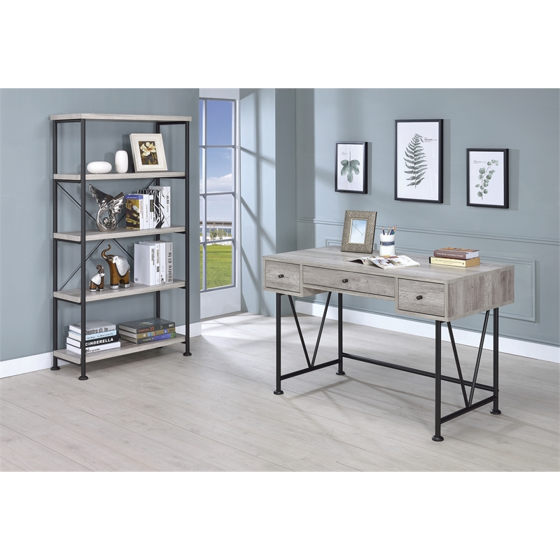 Pemberly Row Set of 2 4-Shelf Open Farmhouse Wood Bookcases in Gray