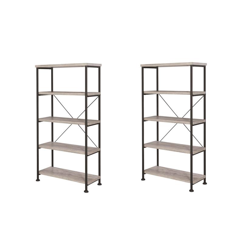 Pemberly Row Set of 2 4-Shelf Open Farmhouse Wood Bookcases in Gray