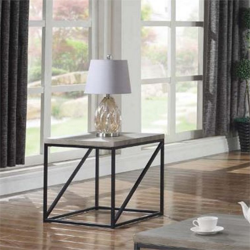 Pemberly Row Set of 2 Farmhouse Wood Square End Tables with Metal Base in Gray