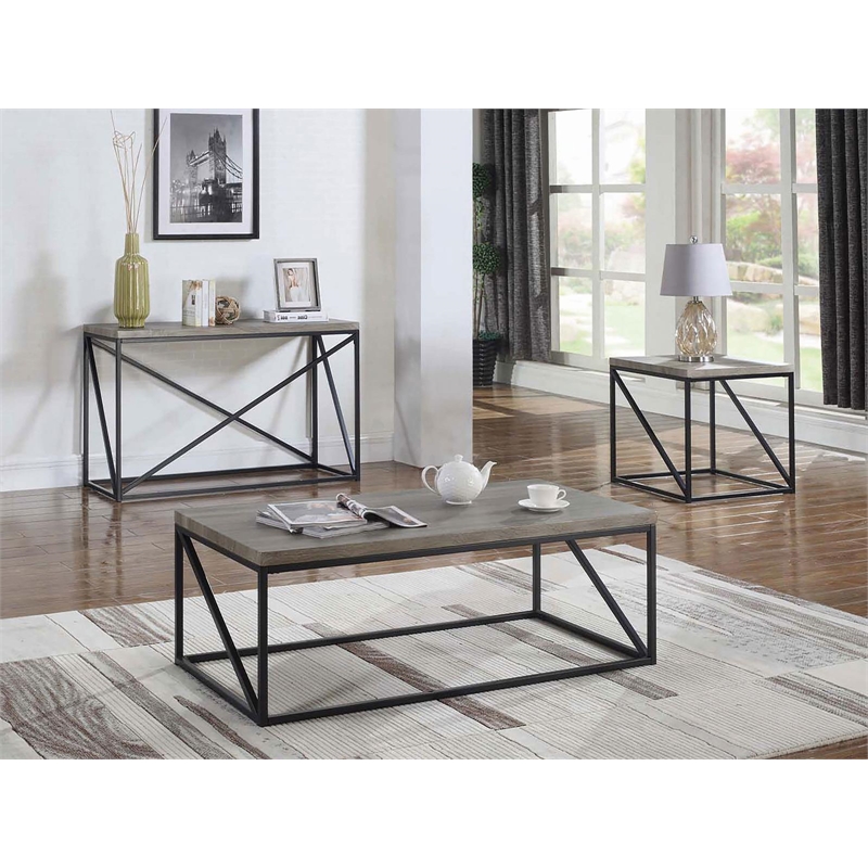 Pemberly Row Set of 2 Farmhouse Wood Square End Tables with Metal Base in Gray
