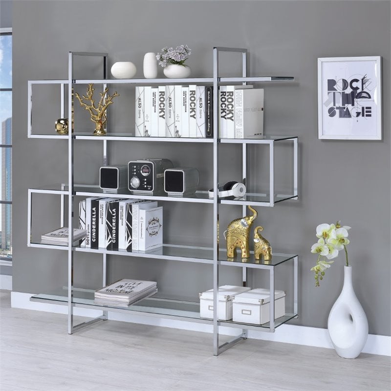 Pemberly Row Set of 2 5-Shelf Contemporary Clear Glass Top Bookcases in Clear