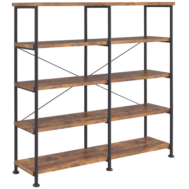 Pemberly Row Set of 2 4-Shelf Open Farmhouse Wood Bookcases in Nutmeg