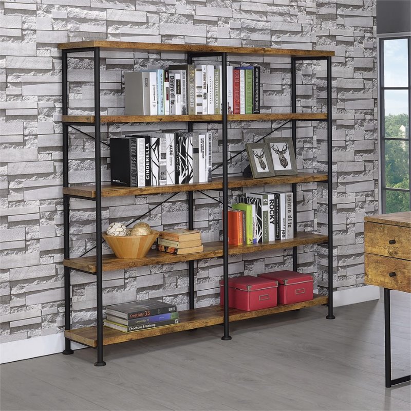 Pemberly Row Set of 2 4-Shelf Open Farmhouse Wood Bookcases in Nutmeg