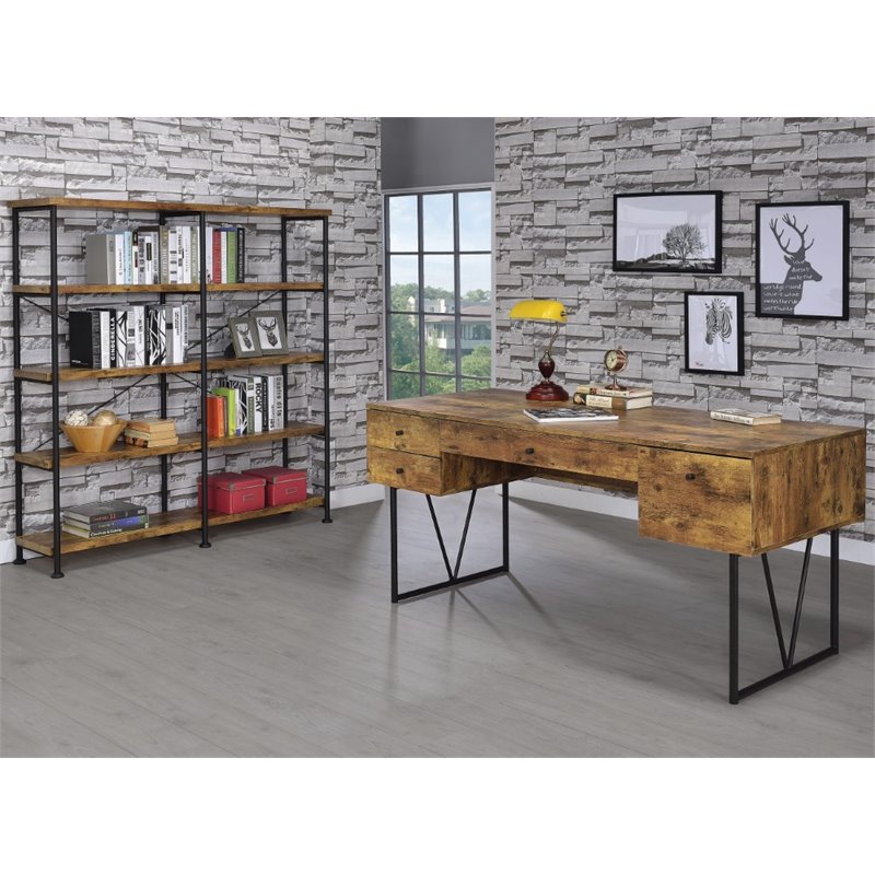 Pemberly Row Set of 2 4-Shelf Open Farmhouse Wood Bookcases in Nutmeg