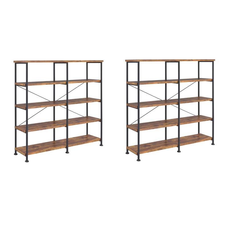 Pemberly Row Set of 2 4-Shelf Open Farmhouse Wood Bookcases in Nutmeg