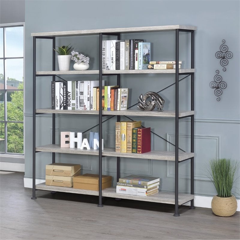 Pemberly Row Set of 2 4-Shelf Open Farmhouse Wood Bookcases in Gray