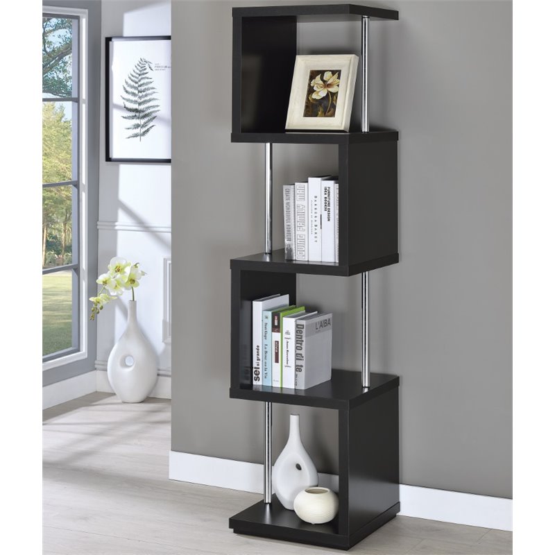 Pemberly Row Set of 2 4-Shelf Wood Geomec Snaking Bookcases in Black