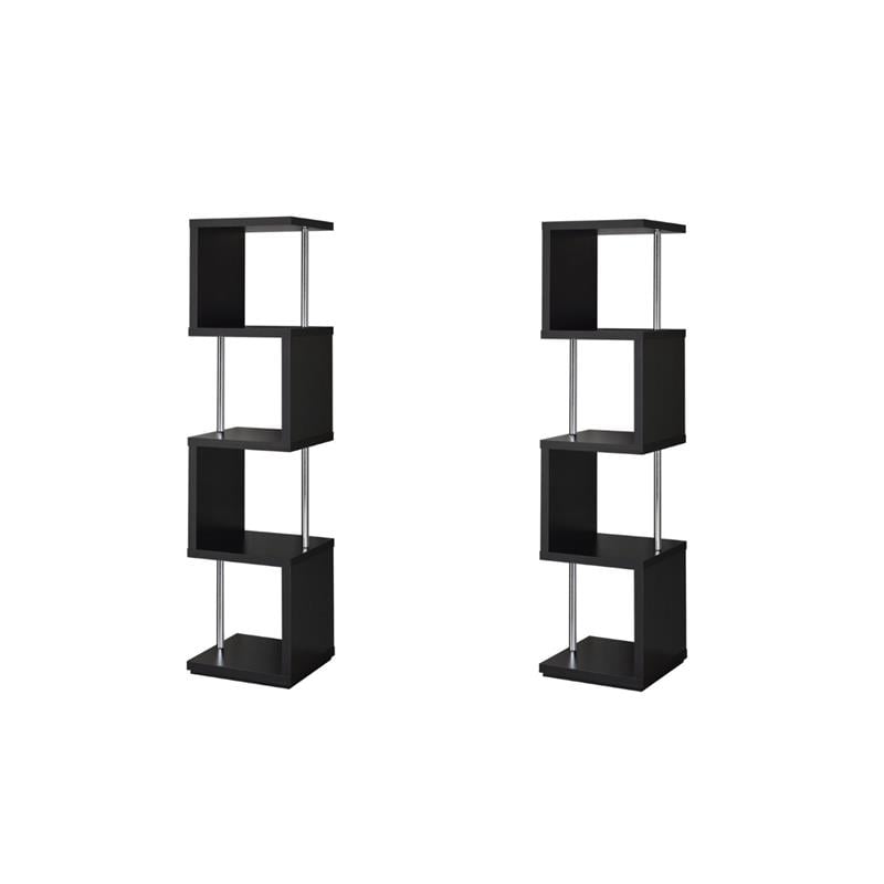 Pemberly Row Set of 2 4-Shelf Wood Geomec Snaking Bookcases in Black
