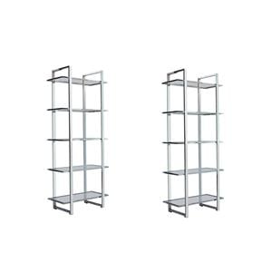 Pemberly Row Set of 2 Rectangular Metal Bookcases with 5-Shelf in Chrome