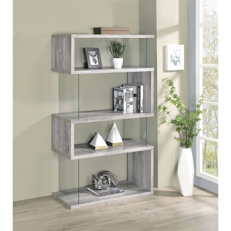 Pemberly Row Set of 2 4-Shelf Contemporary Wood Bookcases in Gray