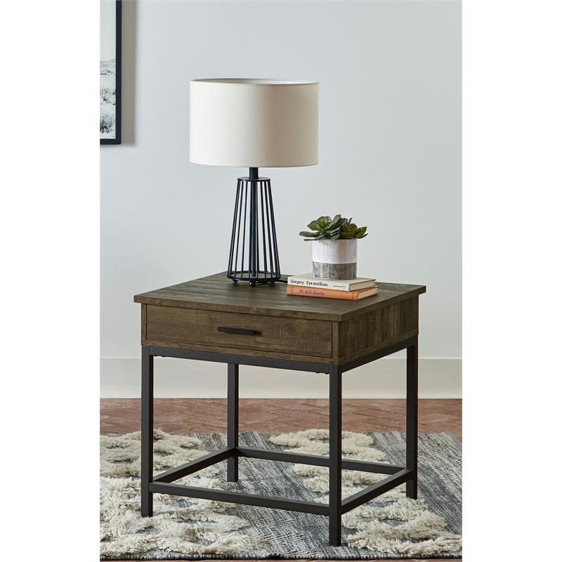 Pemberly Row Set of 2 1-Drawer Square End Tables in Brown Oak and Sandy Black