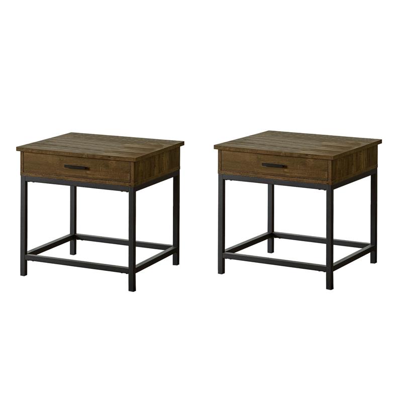 Pemberly Row Set of 2 1-Drawer Square End Tables in Brown Oak and Sandy Black