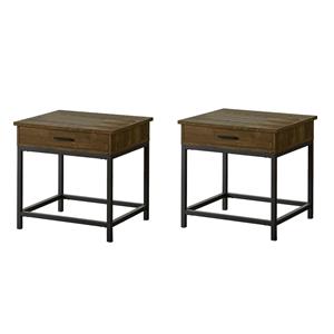 Pemberly Row Set of 2 1-Drawer Square End Tables in Brown Oak and Sandy Black