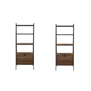 Pemberly Row Set of 2 72&quot Metal Frame 3-Shelves Ladder Bookcases in Dark Walnut