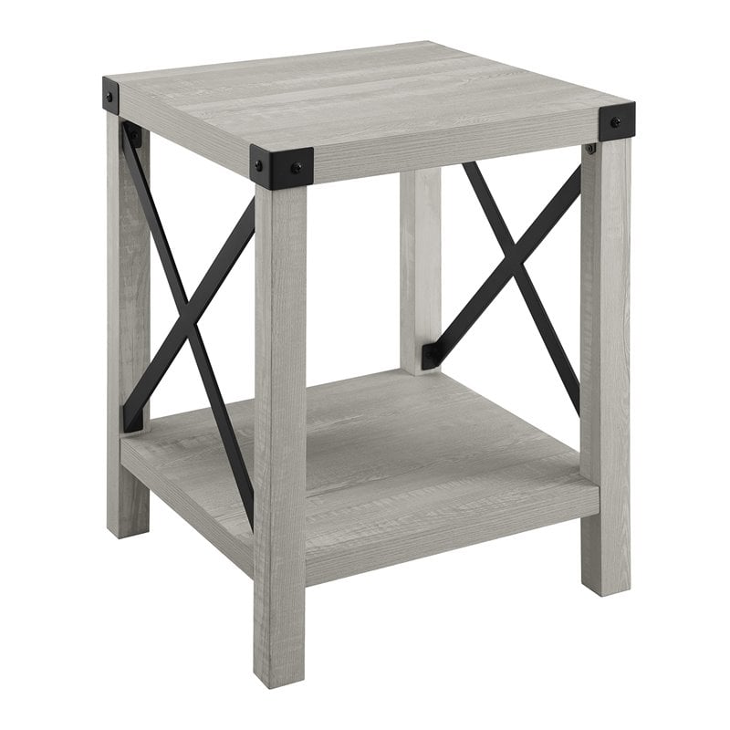 Pemberly Row Set of 2 Metal X-Shaped Frame Rustic Wood End Tables in Stone Gray