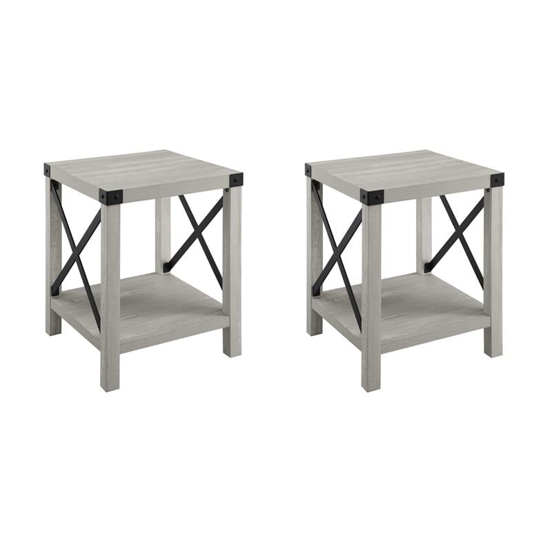 Pemberly Row Set of 2 Metal X-Shaped Frame Rustic Wood End Tables in Stone Gray