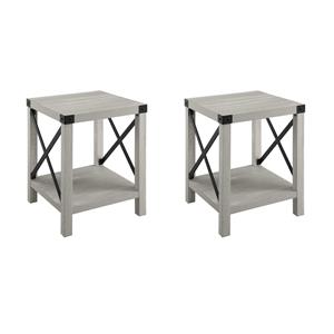 Pemberly Row Set of 2 Metal X-Shaped Frame Rustic Wood End Tables in Stone Gray
