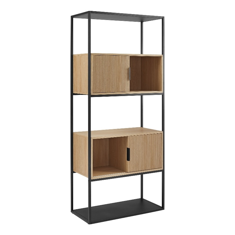 Pemberly Row Set of 2 Tall Bookcases with Closed and Open Storage - Oak/ Black