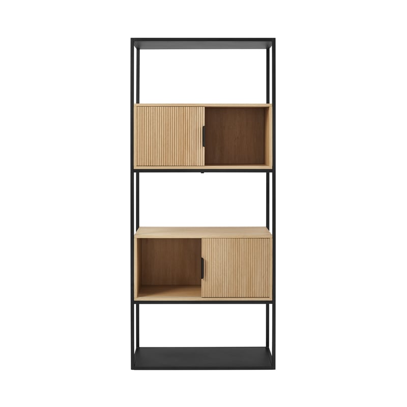 Pemberly Row Set of 2 Tall Bookcases with Closed and Open Storage - Oak/ Black