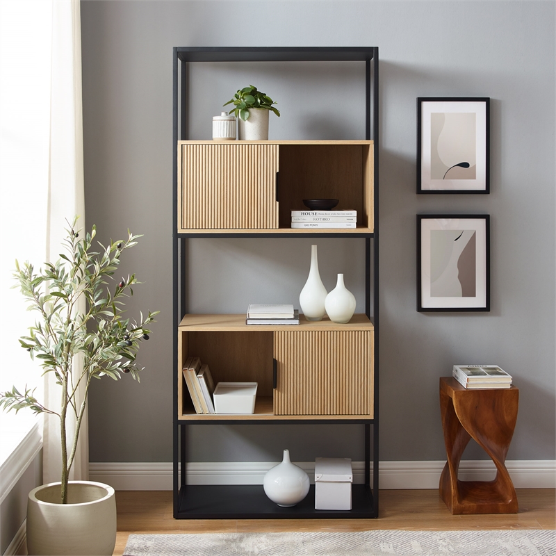 Pemberly Row Set of 2 Tall Bookcases with Closed and Open Storage - Oak/ Black