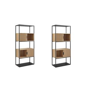 Pemberly Row Set of 2 Tall Bookcases with Closed and Open Storage - Oak/ Black