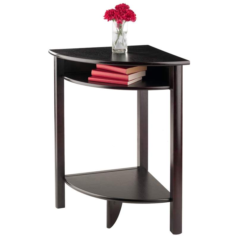 Pemberly Row Set of 2 Transitional Solid Wood Corner End Tables in Espresso