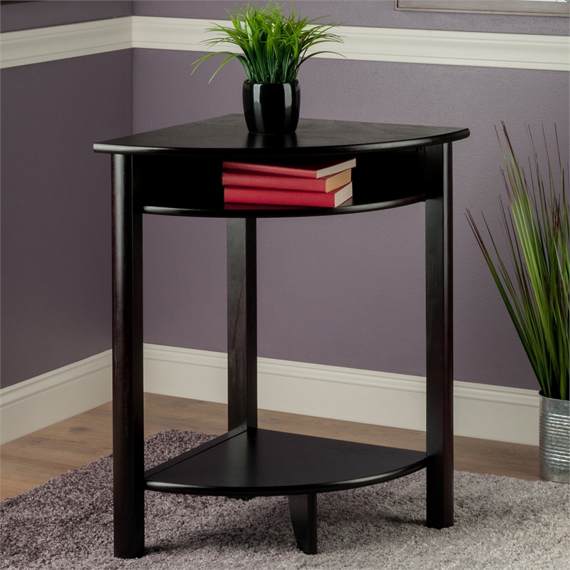Pemberly Row Set of 2 Transitional Solid Wood Corner End Tables in Espresso