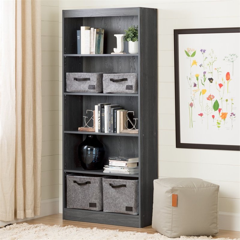 Pemberly Row Set of 2 5-Shelf Particleboard Wood Bookcases in Gray Oak