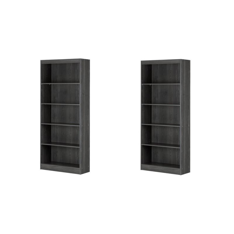 Pemberly Row Set of 2 5-Shelf Particleboard Wood Bookcases in Gray Oak