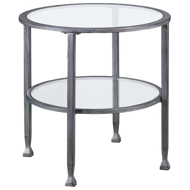 Pemberly Row Set of 2 Round Glass Top Metal End Tables in Silver