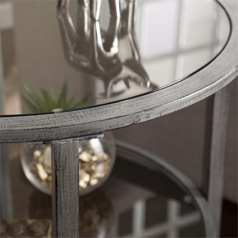 Pemberly Row Set of 2 Round Glass Top Metal End Tables in Silver