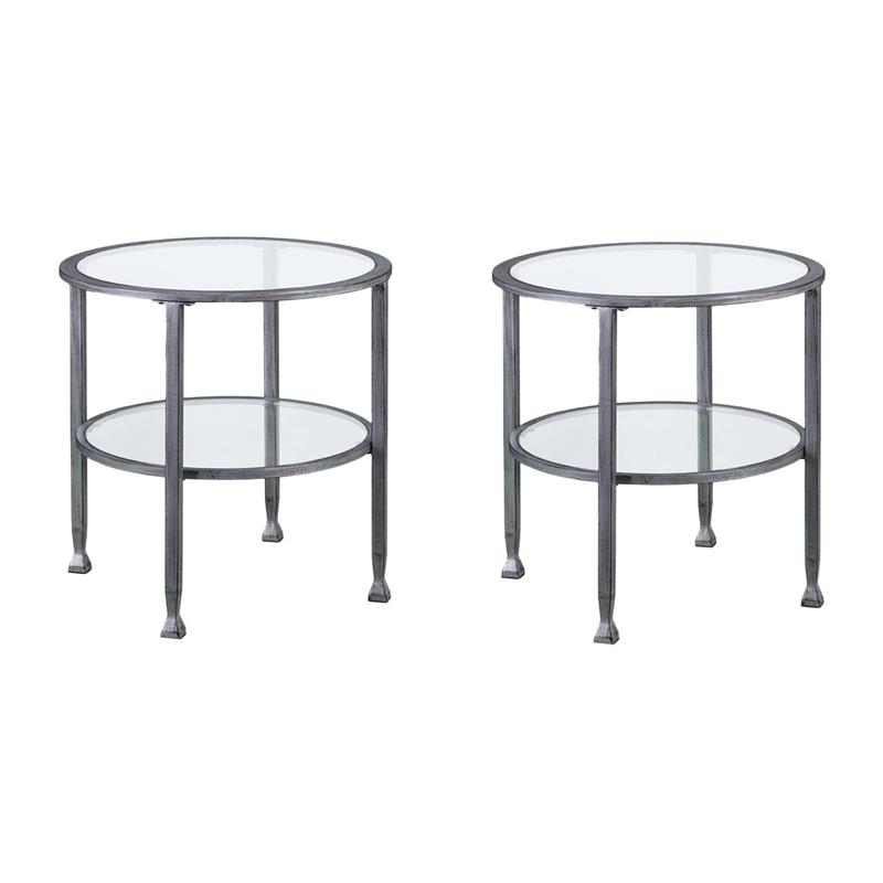 Pemberly Row Set of 2 Round Glass Top Metal End Tables in Silver