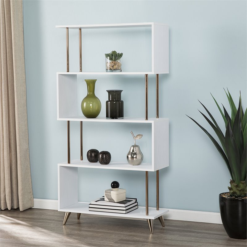 Pemberly Row Set of 2 4-Shelf Bookcases in White and Champagne