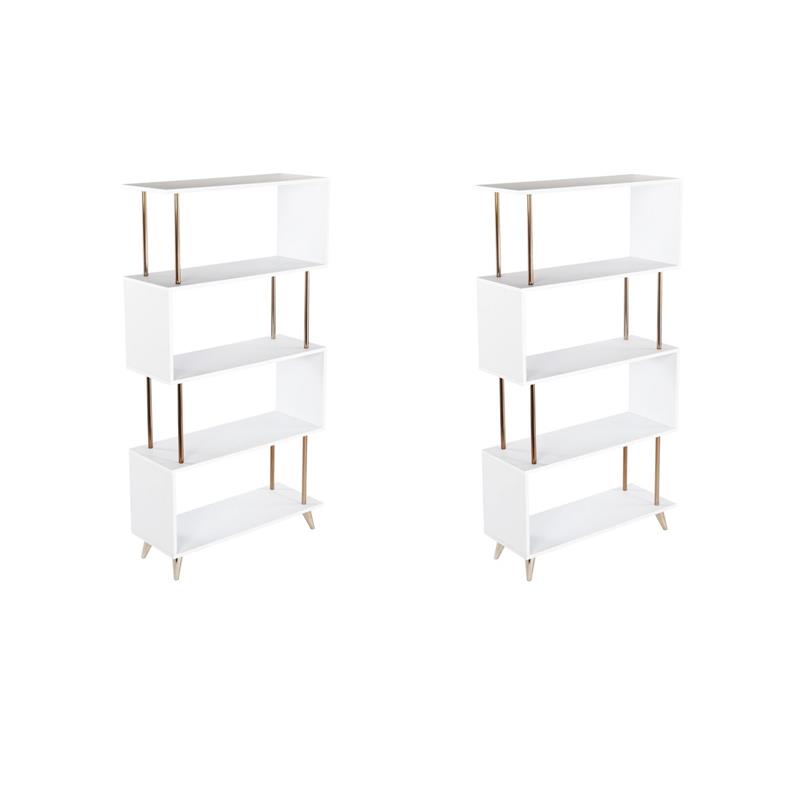 Pemberly Row Set of 2 4-Shelf Bookcases in White and Champagne