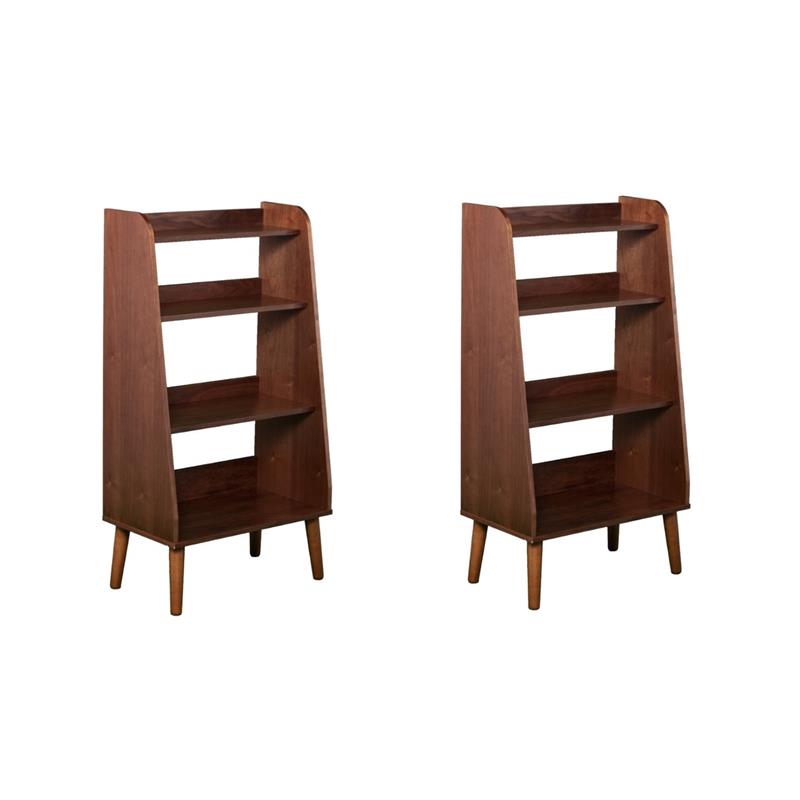 Pemberly Row Set of 2 4-Shelf Mid Century Modern Wood Bookcases in Walnut