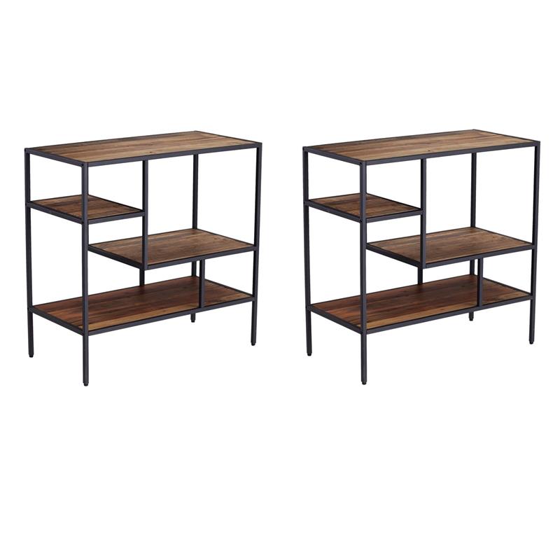 Pemberly Row Set of 2 Wooden and Metal Bookcases in Natural and Gray