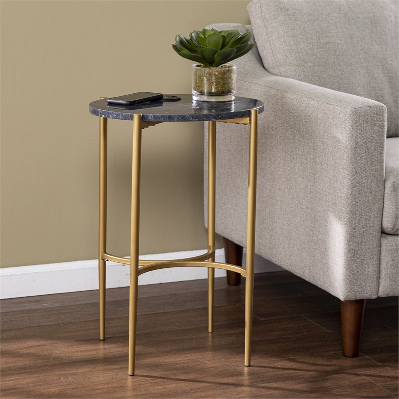 Pemberly Row Set of 2 End Tables with Wireless Charging Station Gold-Black