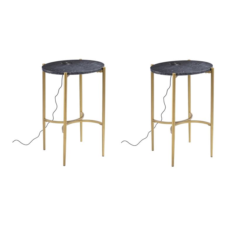 Pemberly Row Set of 2 End Tables with Wireless Charging Station Gold-Black
