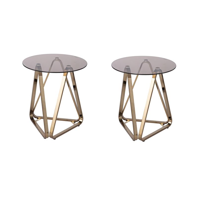 Pemberly Row Set of 2 Round End Tables in Champagne with Smoked Glass