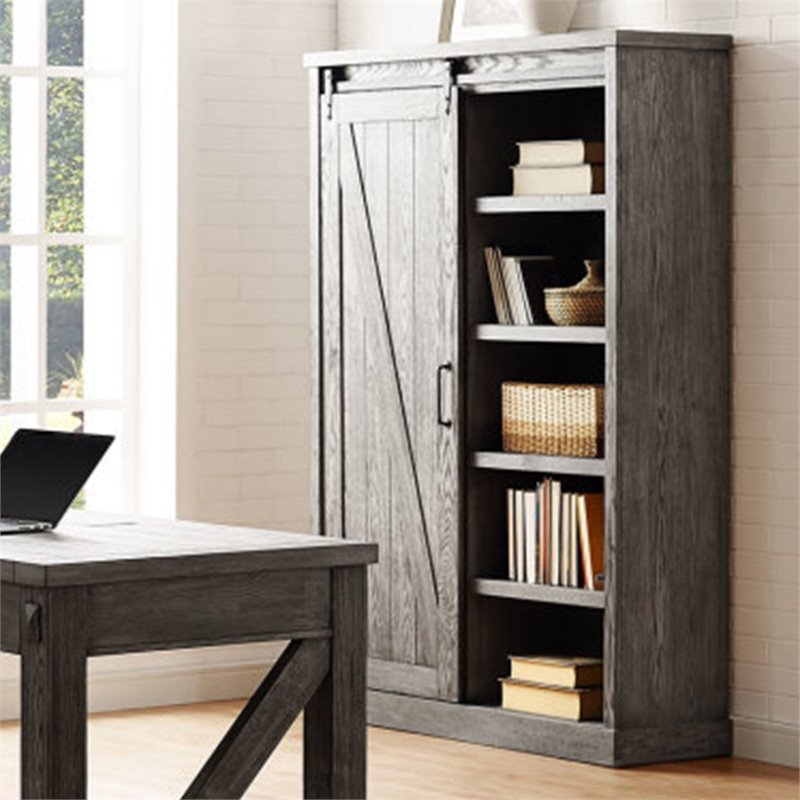 Pemberly Row Set of 2 5-Shelf Bookcases in Gray and Weathered Oak