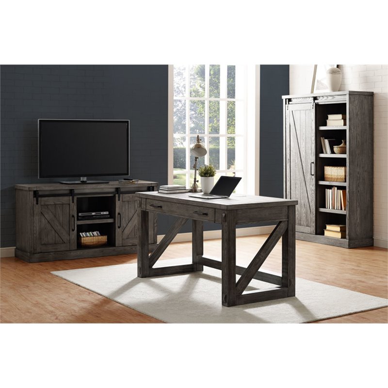 Pemberly Row Set of 2 5-Shelf Bookcases in Gray and Weathered Oak