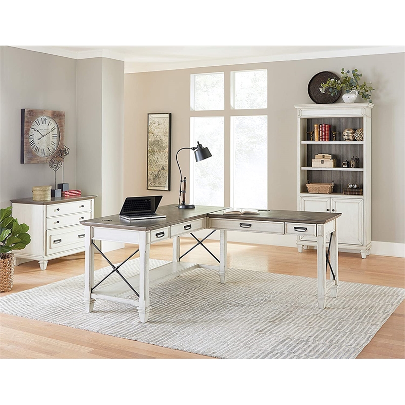 Pemberly Row Set of 2 Bookcases With Doors Storage Cabinet Office Shelves White