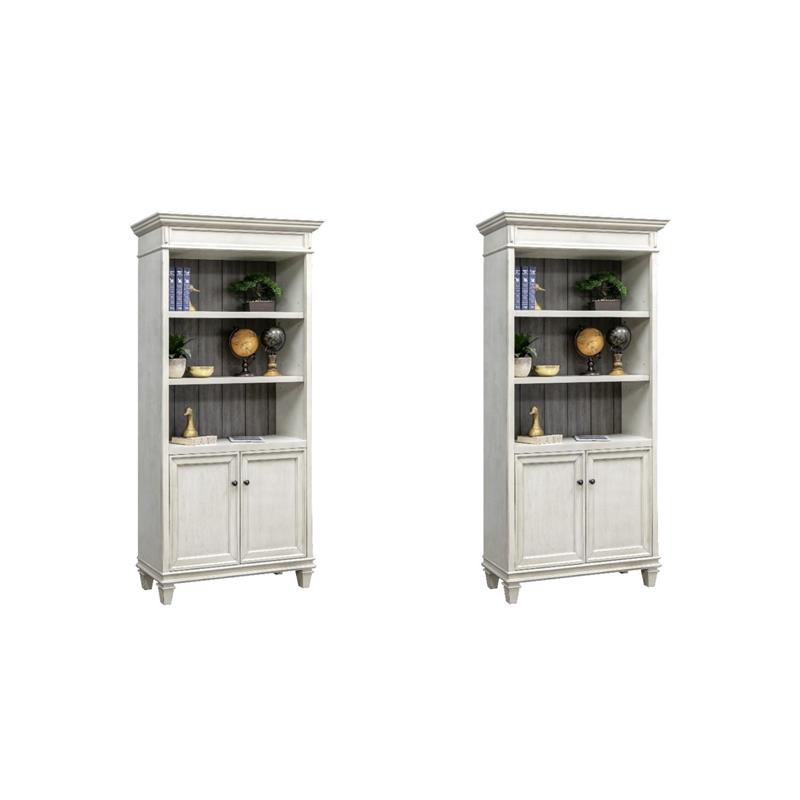 Pemberly Row Set of 2 Bookcases With Doors Storage Cabinet Office Shelves White