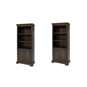 Pemberly Row Set of 2 Executive Bookcases With Doors in Distressed Brown