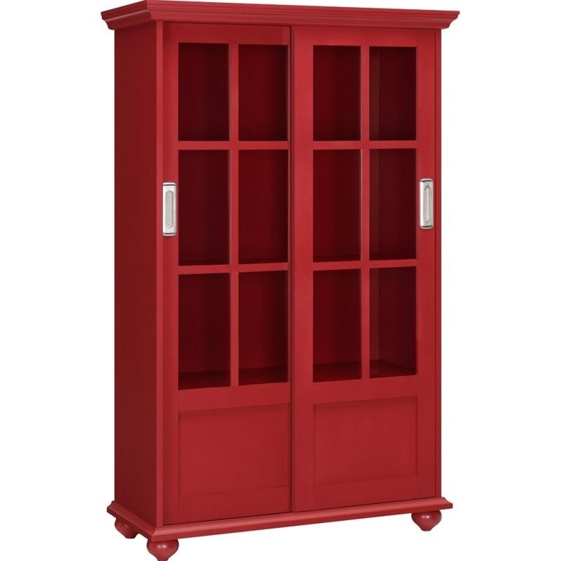 Pemberly Row Set of 2 4-Shelf Sliding Glass Door Bookcases in Red