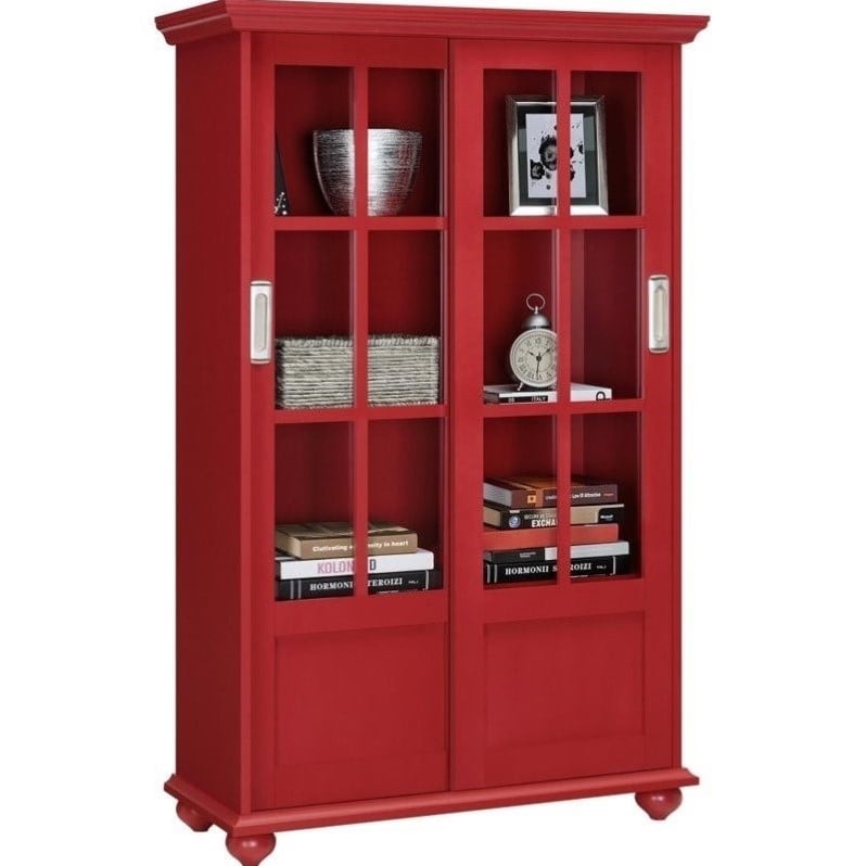 Pemberly Row Set of 2 4-Shelf Sliding Glass Door Bookcases in Red